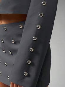 MISSGUIDED Contemporary Studded Long Sleeve Cropped Blazer Evening Party Metallic Button Design Edgy Modern Statement Piece Fall Winter Mini Jacket - Grey - View 5