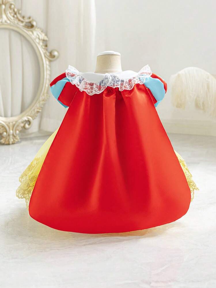 Glamorique Kids Vestido de princesa para niñas, vestido de princesa amarillo, manga abullonada, falda de tul esponjosa amarilla, vestido formal para fiesta de cumpleaños, boda, fiesta, con lazo, encaje, cinta, vestido formal elegante, encaje dorado soluble en agua, capa roja, Oriente Medio, Europa y América - Amarillo - Añade 2
