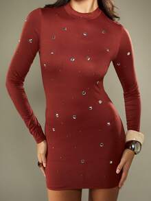 MISSGUIDED Studded Long Sleeve Mini Bodycon Dress Western Cowgirl Statement Belt Winter Fall Holiday Party Clubwear Stretch Fit - Maroon - View 4