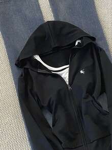 Glimmora 刺绣图案拉链连帽衫修身运动衫夹克女款秋冬款 - 黑色 - 查看 6