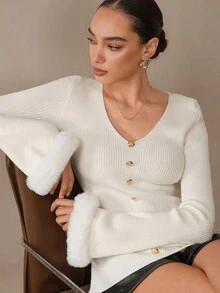 Modelyn Damen V-Ausschnitt Dekorativer Knopf Flauschiger Bund Figurbetonter Pullover, geeignet für Arbeit und Pendeln