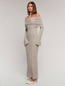 SHEIN BAE Đầm dài tay trễ vai màu trơn đơn sắc dành cho nữ, trang phục dự tiệc dành cho nữ, váy năm mới dành cho nữ, quần áo Giáng sinh dành cho nữ, váy thanh lịch dành cho nữ - Màu be - Xem 4