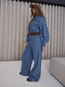 MUSERA Bộ jumpsuit denim tay phồng dáng rộng ống loe, chi tiết đường may, phong cách đường phố sang trọng, gợi cảm, thích hợp cho mùa thu thu, đi chơi đêm, xuân hè. - Rửa trung bình - Xem 4