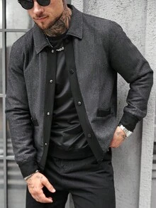 Manfinity CasualCool 男士撞色长袖单排扣休闲羊毛混纺夹克，秋冬 - 黑色 - 查看 3