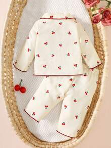 SHEIN 新生女婴卡通可爱樱桃领开襟上衣和裤子时尚优雅