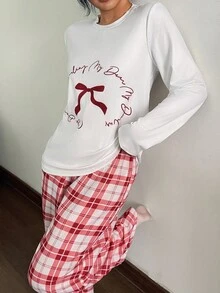 SHEIN 2 件蝴蝶结和格子印花针织长袖上衣和裤子睡衣套装，秋季服装 - 彩色 - 查看 5
