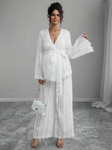 Momance 2pcs/Set Fashionable Feather Print Long Sleeve Top And Wide Leg Pants - White - View 6