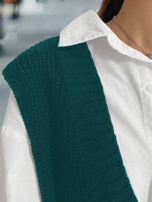 Calvaya 秋季大码女式纯色深V休闲宽松针织背心 - 水鴨藍 - 查看 6