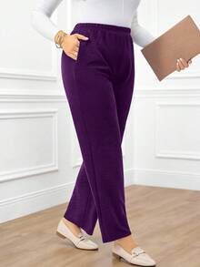 EMERY ROSE Plus Size Women's Casual Daily Black Long Pants With Pockets - Purple - View 5