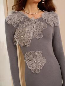 Omancia Women's 3D Floral Pearl Sexy Luxury Casual Knit Sweater Dress, Suitable For Party, Halloween, Thanksgiving, New Year, Christmas, Autumn/Winter