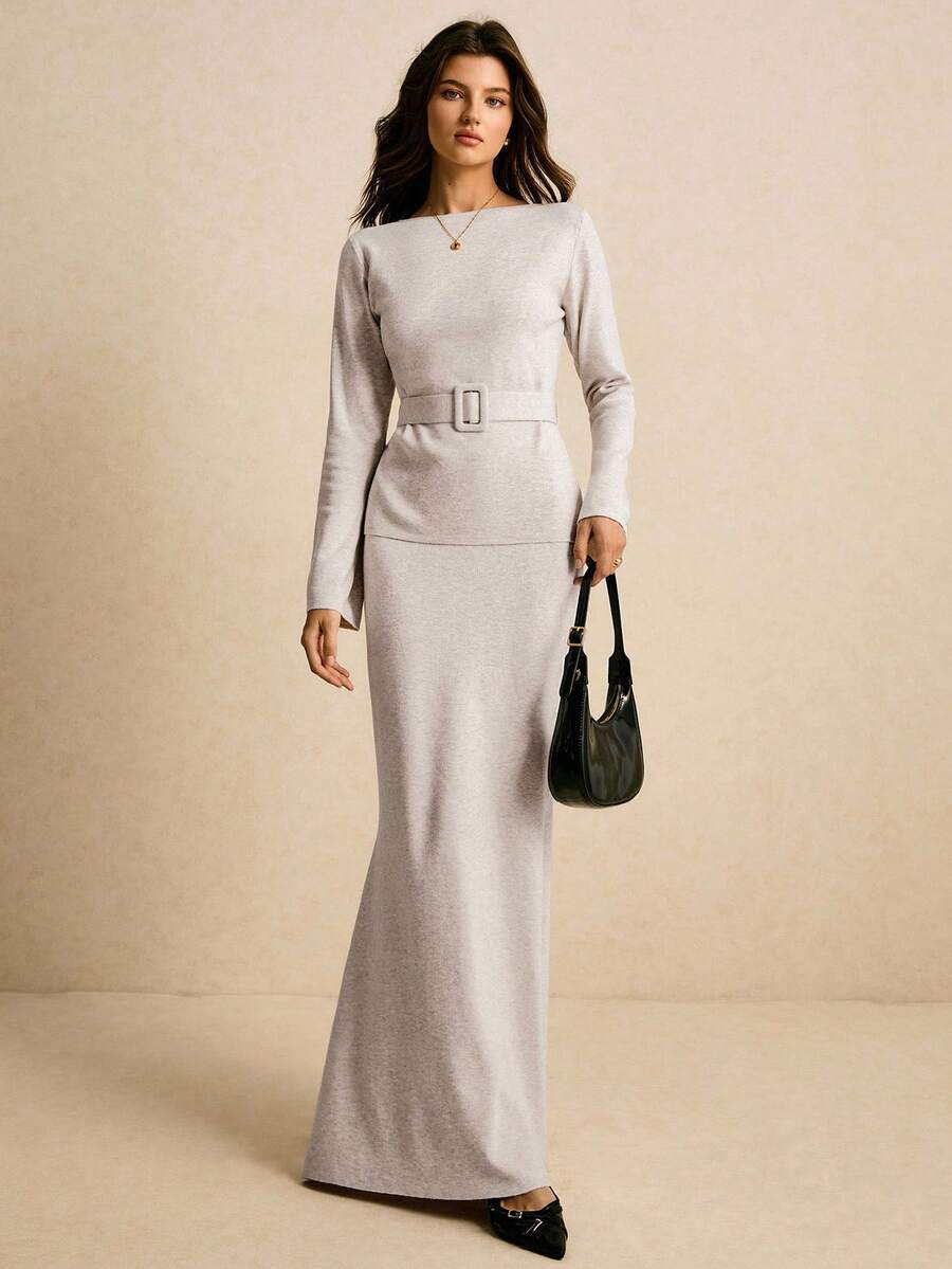 Poéselle Damen Einfarbiges Lässig Langarm Top und Rock Pullover 2-teiliges Set