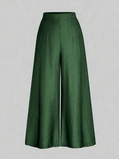 Rometta Pantalones casuales sueltos de pierna ancha y plisados de unicolor para mujer de talla grande