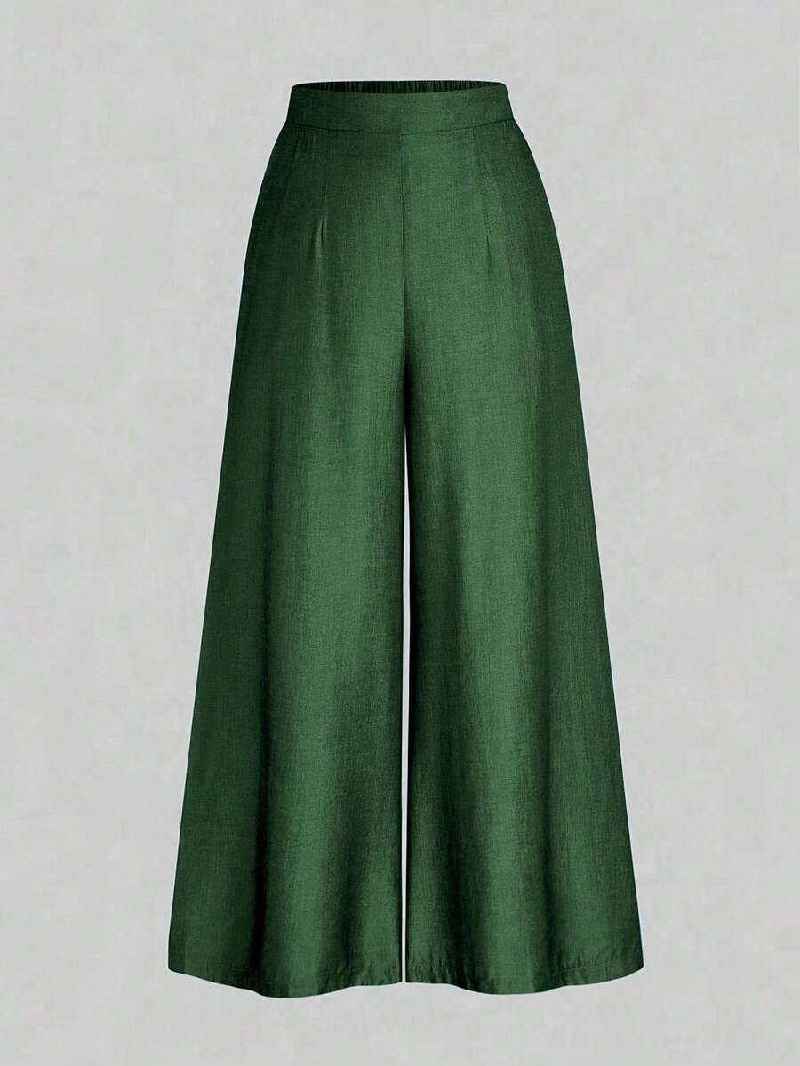 Rometta 大码女式纯色褶皱阔腿宽松休闲裤 - 軍綠色 - 查看 1