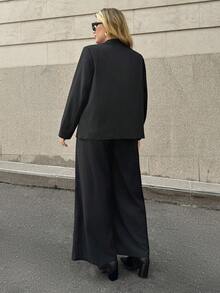 Auralis Plus Size Women Solid Color Lapel NeckLong Sleeve Jacket And Pants Casual Suit Set, Autumn Fall/Winter - Black - View 2