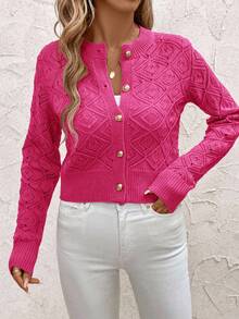 SHEIN Clasi Cardigan Wanita Lengan Panjang Minimalis Warna Polos dengan Potongan Pendek dan Lubang-lubang, Cocok untuk Pakaian Sehari-hari di Musim Gugur/Dingin - Hot Pink - View 5