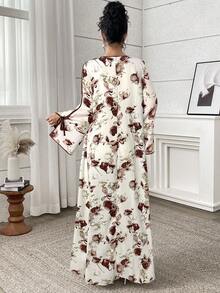 Yasmyna 女式花卉印花系带长袖宽松阿拉伯风格连衣裙 - 咖啡棕 - 查看 6