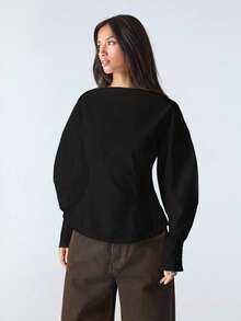 LYSMO 女士纯色船领灯笼袖宽松时尚T恤 - 黑色 - 查看 3