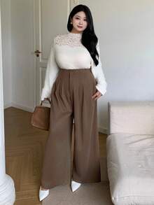 Dazy Plus Plus Size Women Loose Solid Color Wide Leg Casual Long Pants, All Season Women Dress Pants Fall - Coffee Brown - View 9