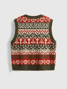 ROMWE Fairycore Áo vest dệt kim Jacquard cổ điển dành cho nữ, áo vest len ngắn tay cổ chữ V, phong cách cổ điển, trang phục nhiều lớp ấm áp, mùa thu - xanh quân đội - Xem 2