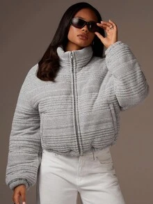 Athîral Women's Striped Drop Shoulder Long Sleeve Zip Front Casual Winter Jacket - Light Grey - View 6