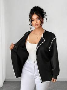 Elenzga 永不过时：哥特式预科风，融入周三元素。拥抱你内心的阴影，展现女性的暗黑时尚。大码女式优雅针织长袖串珠装饰黑领开衫 - 黑色 - 查看 7