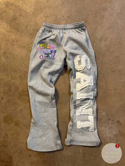 Noixe Y2K Retro Streetwear Sweatpants For Women, Vintage Harajuku Hip Hop Embroidery Print Pattern Casual Joggers, Fashionable Grey Unisex Loose Trousers