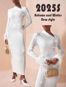 Zivah 2025 Autumn New Music Festival, Easter, St. Patrick's Day, Western, Nomadic, Birthday Party, Graduation, College Style, Student Wear, Daily Casual, All-Match Versatile, Leisure, Cruise Travel, Beach, Sunbathing, Viral , Streetwear, Wedding Guest Boho, Commute, Brunch, Airport, Asymmetric Design White Long Textured Glossy Feather Sleeve Patchwork Long Sleeve White Dress - White - View 3