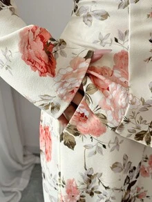 Elenzga 2 件女式花卉印花西装领长袖开衫和阔腿裤松紧腰优雅休闲套装，春秋 - 彩色 - 查看 7