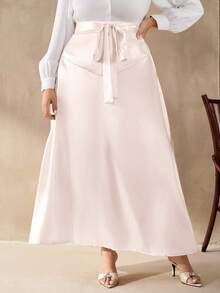 SHEIN Clasi Plus Size Satin Apricot Maxi Skirt: Elegant High-Waisted Semi-Sheer Woven Long Skirt With Tie Detail For Casual Style - Apricot - View 8