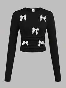 SHEIN 3pcs/Set Tween Girl Fitted Casual Solid Color Handmade Ribbon Bow Crew Neck Ruched Long Sleeve T-Shirts,Cute School White Winter Fall Pink Black Tops - Multicolor - View 4