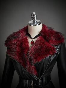 SHEIN ICON Áo khoác dạ dạ hội bằng da mềm mại màu tương phản màu đen Gothic Halloween dành cho nữ, thời trang đi làm, lông giả, chắp vá, mùa đông - màu đen - Xem 12