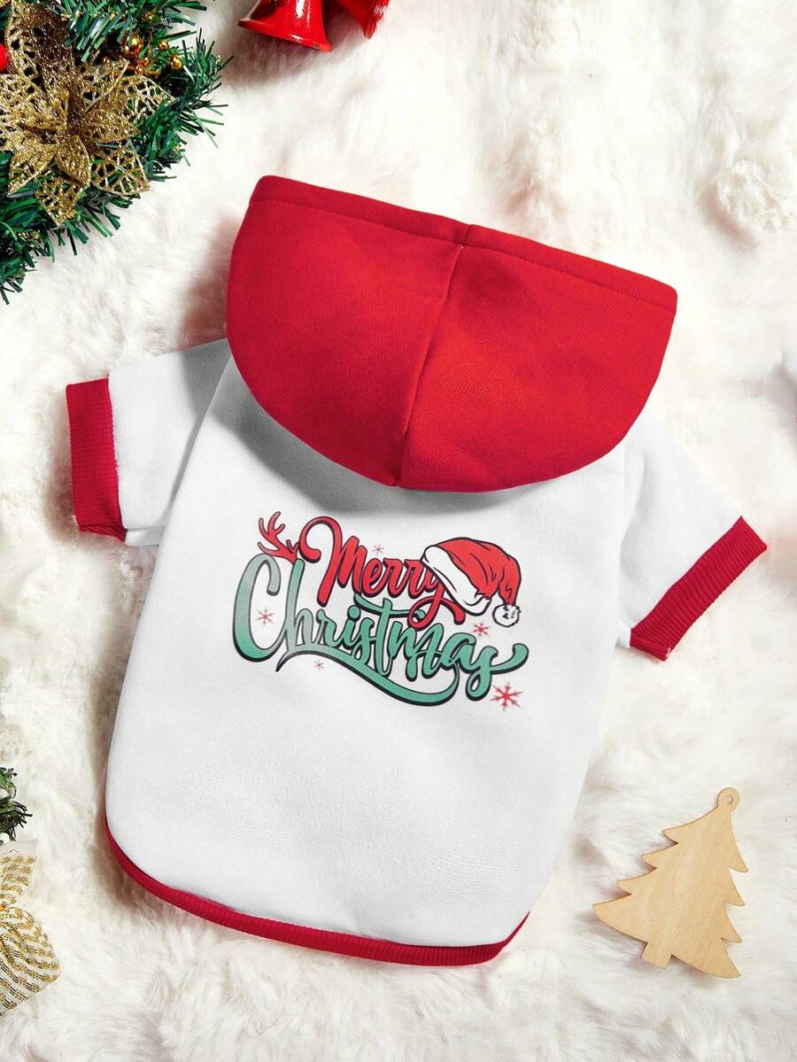 PETSIN 1 pezzo Felpa con cappuccio in pile con motivo natalizio a blocchi di colore per animali domestici