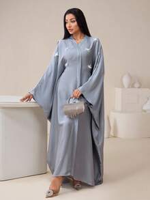 Al Najma 女士时尚优雅蝴蝶结阿拉伯风格连衣裙 - 藍色 - 查看 4