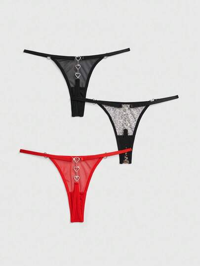 J-Fashion 3pcs Y2K Style Lace Heart Rhinestone Thong Panties