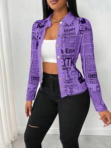 SHEIN LUNE Áo sơ mi bó sát in hình báo thời trang nữ - Màu tím - Xem 5
