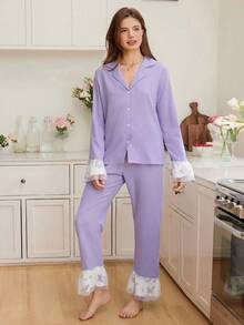 Women's Butterfly Print Ruffle Splice Lapel Top And Pants Pajama Set, Fall Clothes - Purple - View 3