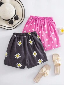 Elladie kids 2 件套 Tween Girl 活力假期向日葵、心形、人脸仿牛仔印花不对称短裤，蓝色和粉色组合，适合夏季外出 - 彩色 - 查看 3