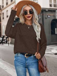 EMERY ROSE Suéter holgado de manga larga y unicolor casual para mujer - Marrón Mocha - Ver 5