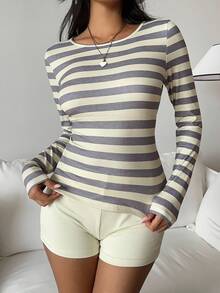 SHEIN EZwear 2pcs Casual Striped Long Sleeve Top And Shorts Set - Multicolor - View 4