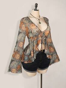 SHEIN ICON Áo len dệt kim buộc trước in họa tiết cổ điển Y2K cỡ lớn, họa tiết Paisley thần Mặt trời, phong cách Boho, áo cánh in họa tiết mỏng tay loe, lễ hội âm nhạc, kỳ nghỉ hè - Màu xanh lam - Xem 4