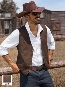 Manfinity Nomadique Men's Retro Solid Color Suede Casual Western Waistcoat, Rodeo Vintage Fleece