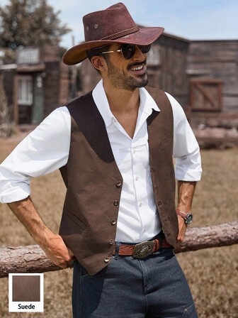 Manfinity Nomadique Men's Retro Solid Color Suede Casual Western Waistcoat, Rodeo Vintage Fleece