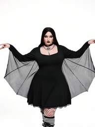 Whyspr שמלת מכשפה בגזרה שחורה, מידות גדולות לנשים, צווארון עגול, מותן צמוד, בסגנון רחוב צמוד, עם שוליים מחויטים, גימור תחרה, גימור תחרה פאנק כהה, שרוול עטלף, מתאים לליל כל הקדושים, חזרה לבית הספר, חגים