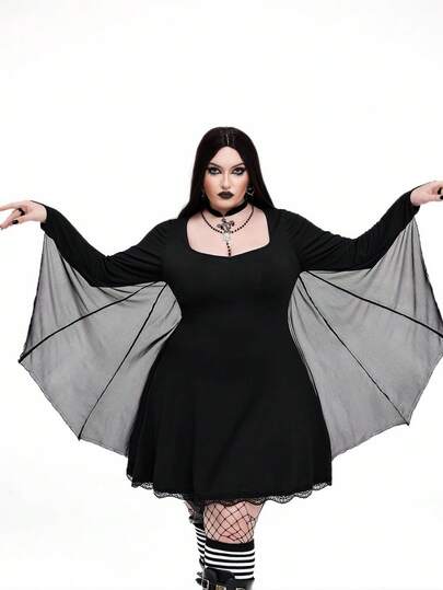 Whyspr Plus Size Women's Goth Black Autumn Night Out Club Punk Scoop Neck Cinched Waist Fitted Street Style A-Line Hem Lace Trim Batwing Sleeve Witch Dress