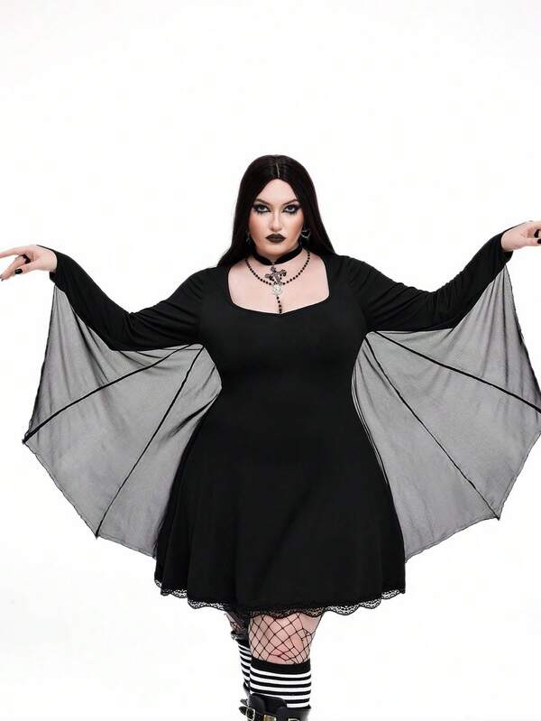 Whyspr 大码女式黑色圆领收腰合身街头风格 A 字下摆蕾丝花边深色朋克蕾丝花边蝙蝠袖巫婆连衣裙，适合万圣节、返校、节日