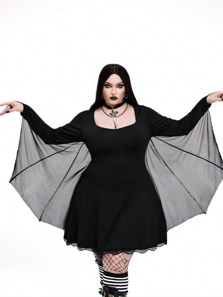 Whyspr 大码女式黑色圆领收腰合身街头风格 A 字下摆蕾丝花边深色朋克蕾丝花边蝙蝠袖巫婆连衣裙，适合万圣节、返校、节日 - 黑色 - 查看 1