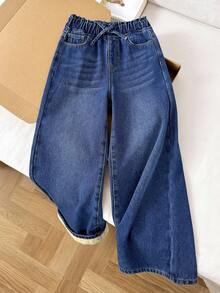 SHEIN Tween Girls' Fashion Casual Basic Simple Blue Denim Thermal Lined Loose Fit Baggy Jeans,For Girls Fall/Winter Dailywear Costume,Girls Streetwear Outfits,Girls Halloween And Christmas Outfits,Lined Jeans, Thermal Lined Jeans, Winter Jeans, Baggy Jeans, Teen Jeans - Dark Wash - View 2