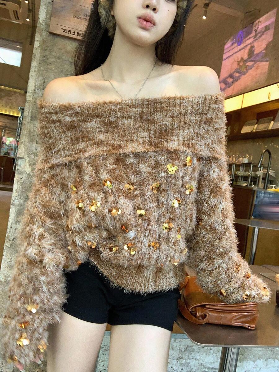 DAZY Áo len dài tay hở vai đính sequin dành cho nữ, Thu/Đông, Năm mới - Cà phê nâu - Xem 1