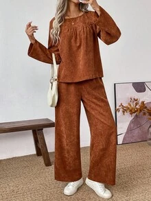 SHEIN LUNE 女士褶皱宽松纯色长袖上衣T恤和直筒灯芯绒裤，适合日常生活、聚会、通勤、秋冬季 - 棕色 - 查看 8