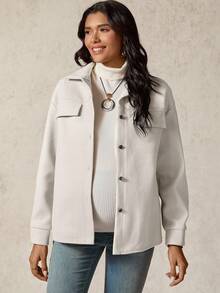 Boho Mama Maternity Solid Color Drop Shoulder Long Sleeve Single-Breasted Casual Regular Jacket - Apricot - View 3
